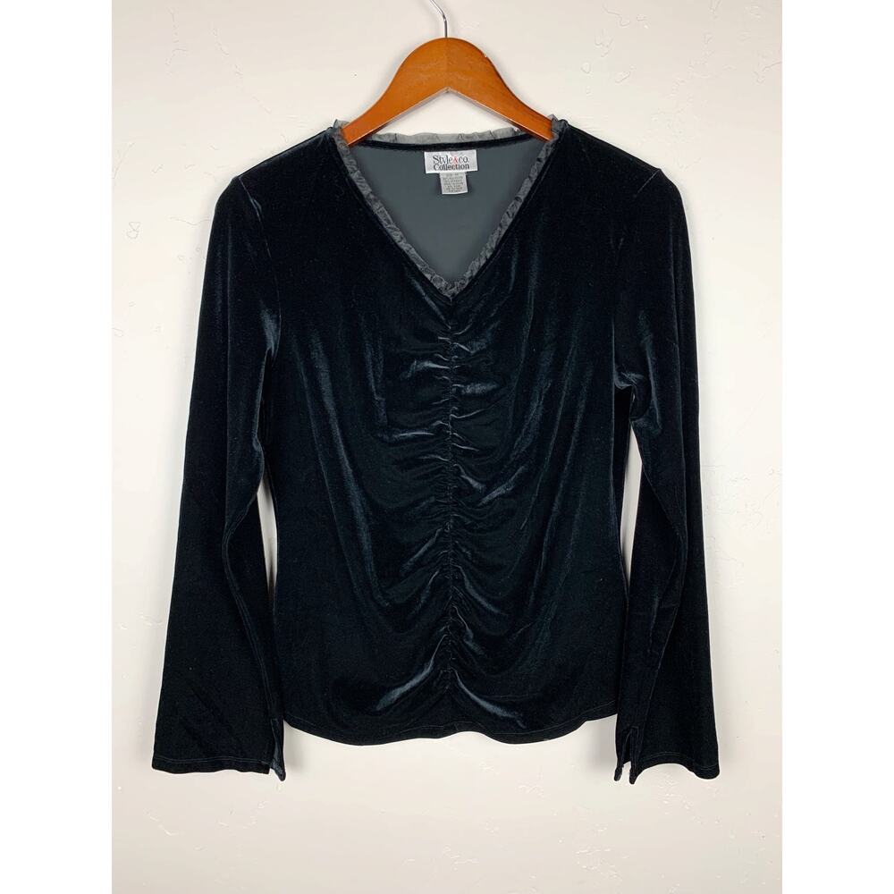 Style & Co. Collection Top Black Stretch Velvet V-Neck Long Sleeves Women's M